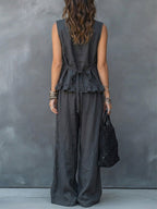 Women's V-neck Sleeveless Casual Loose Cotton Top With Elastic Waist And Wide-leg Pants Cotton Linen Set
