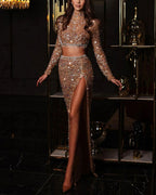 Rhinestone Sequin Turtleneck Top and Skirt Two-Piece Set