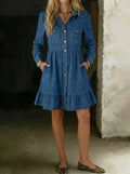 Women's Fashion Design Flowy Denim Dress Lapel Long Puff Sleeve Button Down A Line Swing Ruffle Jean