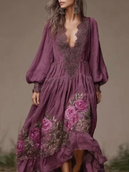Vintage Purple Rose Design Summer V-neck Long-sleeved Linen Dress