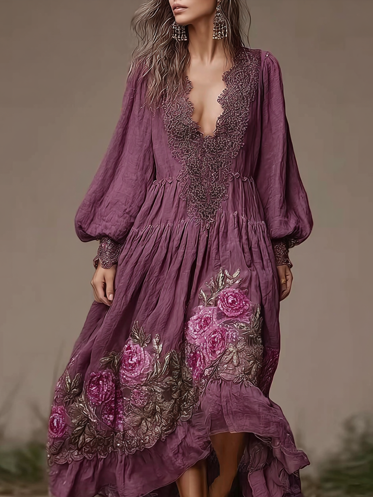 Vintage Purple Rose Design Summer V-neck Long-sleeved Linen Dress
