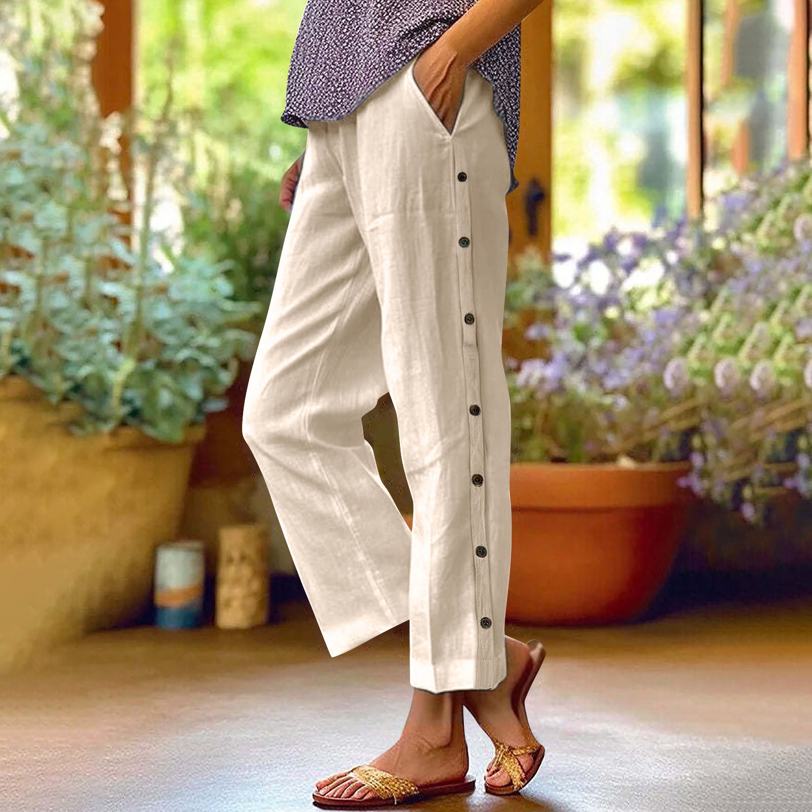 Cotton and Linen Breathable Nine-point Pants Side Seam Decorative Buckle Side Pocket High Waist Loose Casual Pants