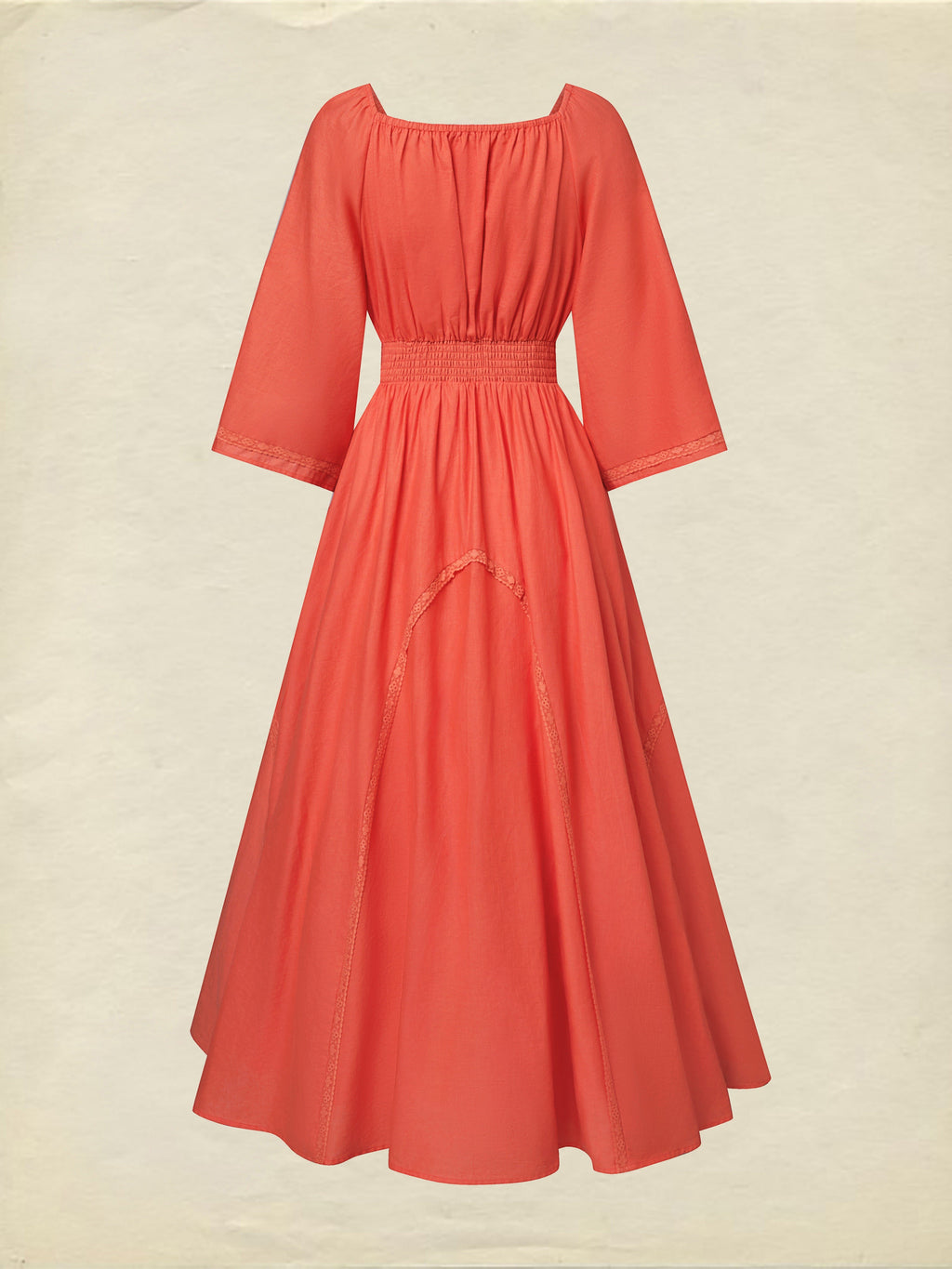 Maxi Cotton Dress, Half Sleeve, V Neck, Plain, Lace, Vacation, Vintage, Light Orange