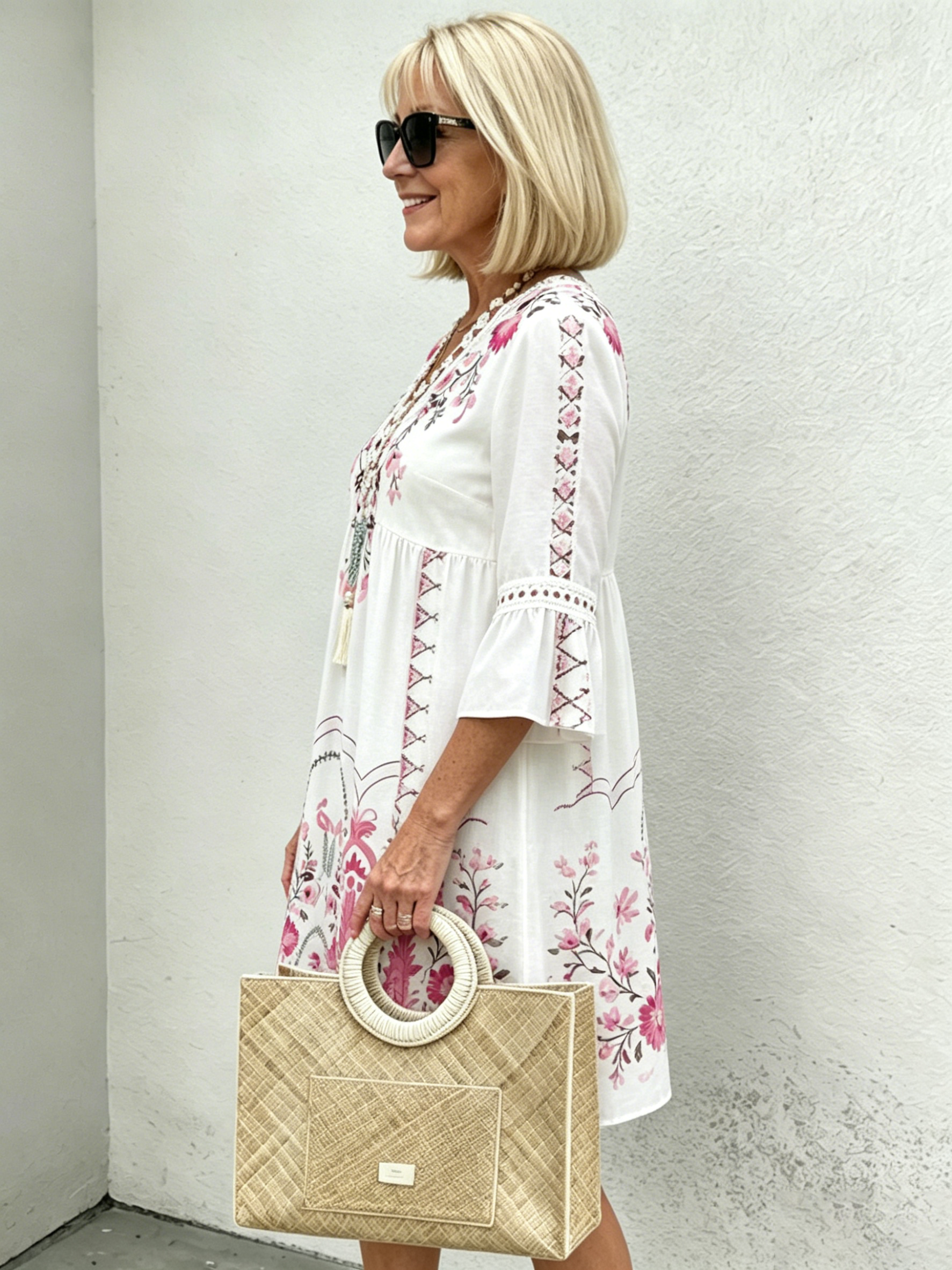 V-neck Printed Lace Stitching Bohemian Casual Vacation Style Dress