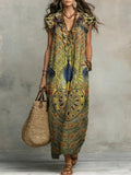 Women's Retro Peacock Pattern Art Print Casual Ruffled Stylish Cotton Linen Dress