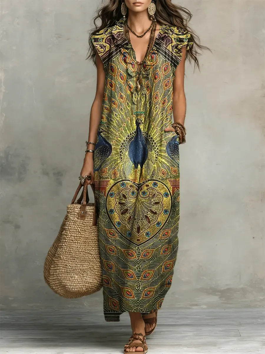 Women's Retro Peacock Pattern Art Print Casual Ruffled Stylish Cotton Linen Dress