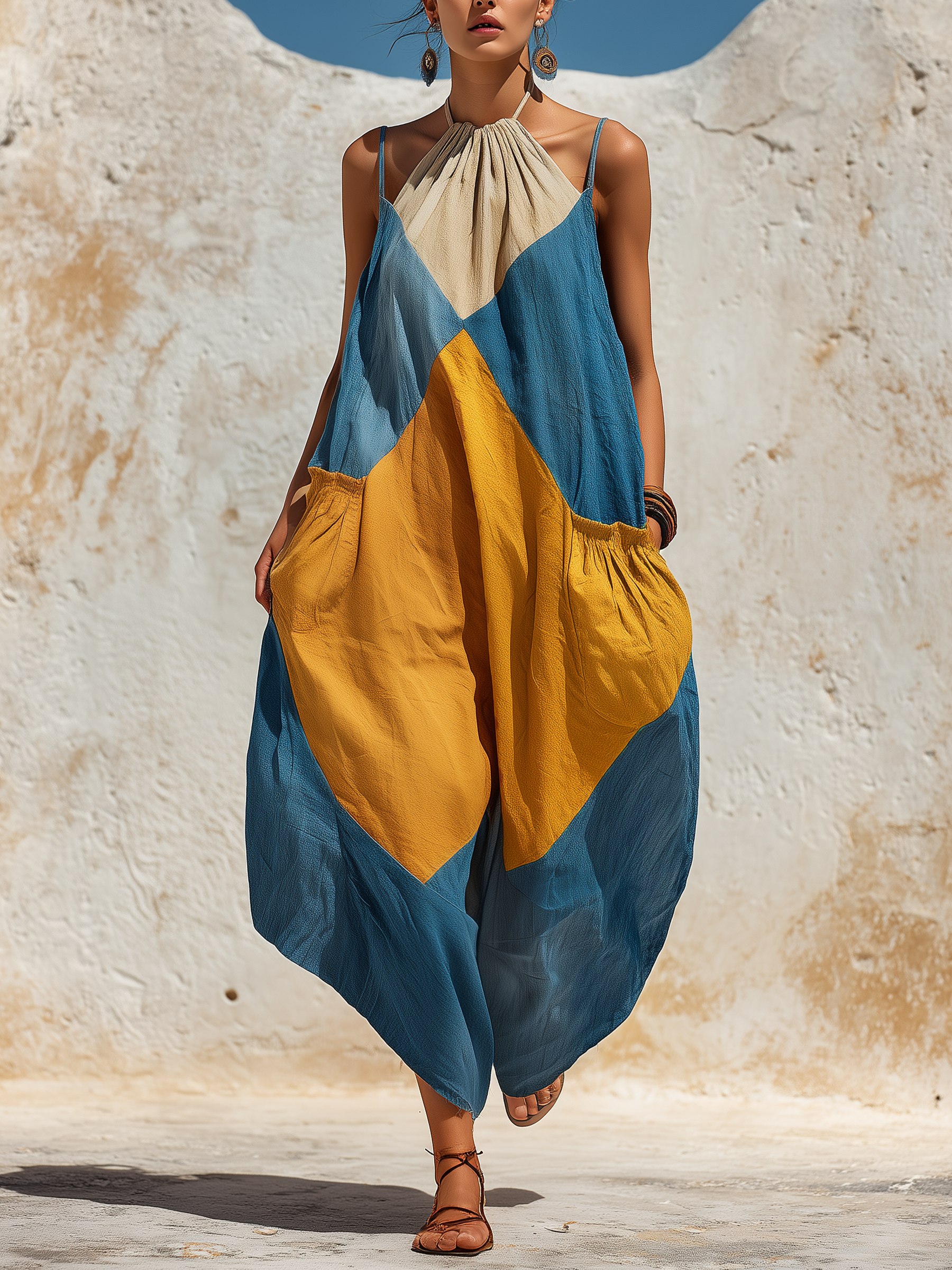 Loose-Fit Color-Block Denim Halter Jumpsuit with Pockets