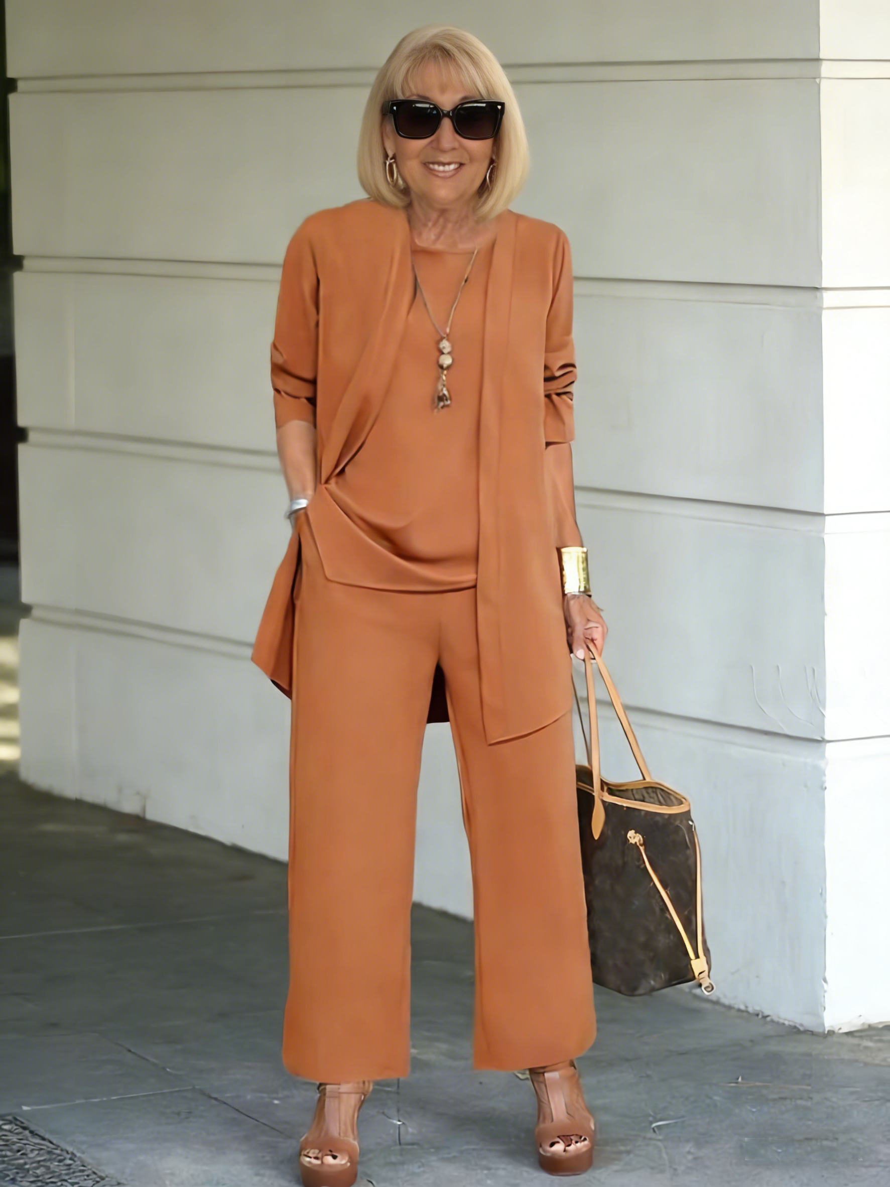 Casual Three-piece Solid Set, Long Sleeve Cardigan & Top & Long Pants Outfits, Women's Clothing