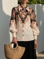 Cotton Shirt, Long Sleeves, Shawl Collar, Floral, Button Design, Vacation, Vintage, Apricot