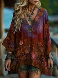 Vintage Classy Gradient Blue Rose And Floral Embroidered Pattern V Neck Long Sleeve Shirt