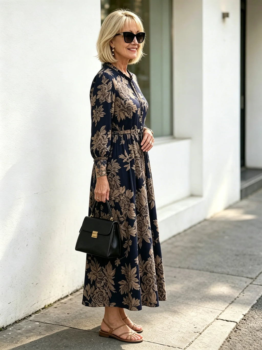 Navy Vintage Floral Maxi Dress, Ruffle Neck 3/4 Sleeve Elastic Waist Slimming Dress for Mature Women