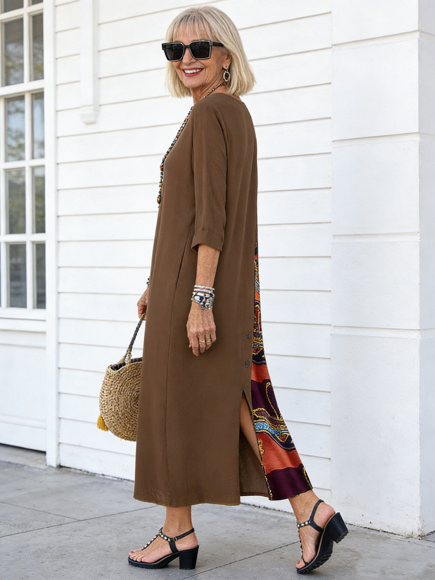 Floral round Neck Contrast Color Button Stitching 3/4 Sleeve Dress