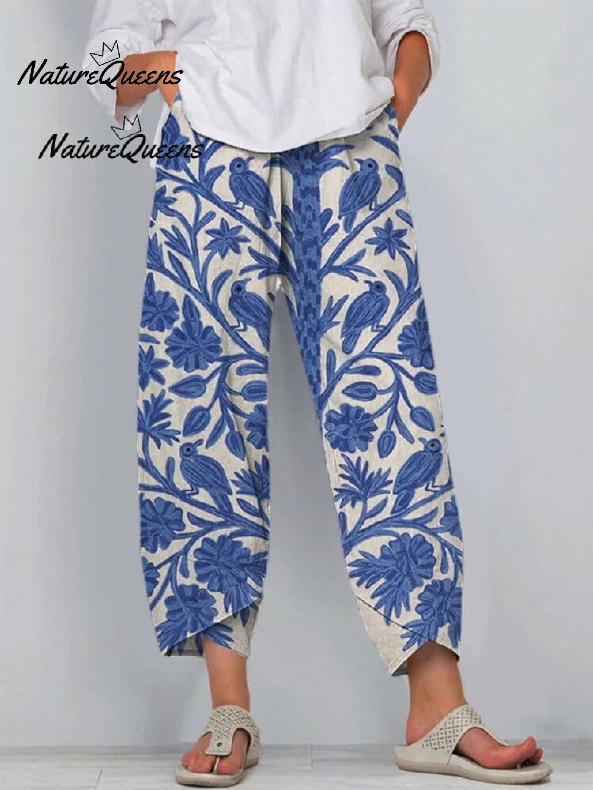 Women's  Vintage Floral Art Print Casual Linen V-neck Shirt