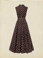 Midi Cotton Dress , Sleeveless, Shawl Collar, Polka Dots, Button Design, French Vintage, Coffee