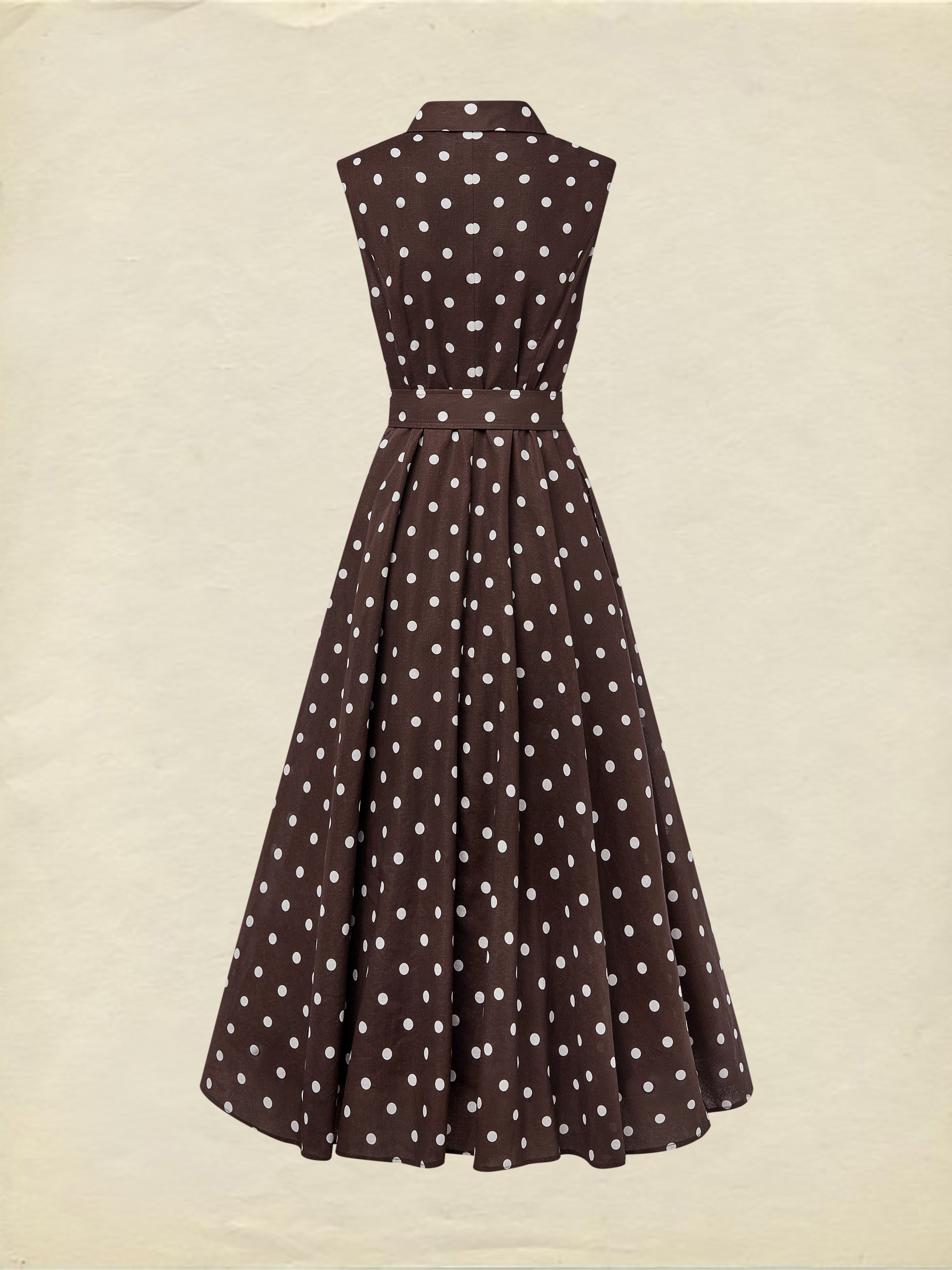 Midi Cotton Dress , Sleeveless, Shawl Collar, Polka Dots, Button Design, French Vintage, Coffee