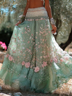 Women's Romantic Vacation Greek Key With Floral Art Linen Blend Casual Skirt