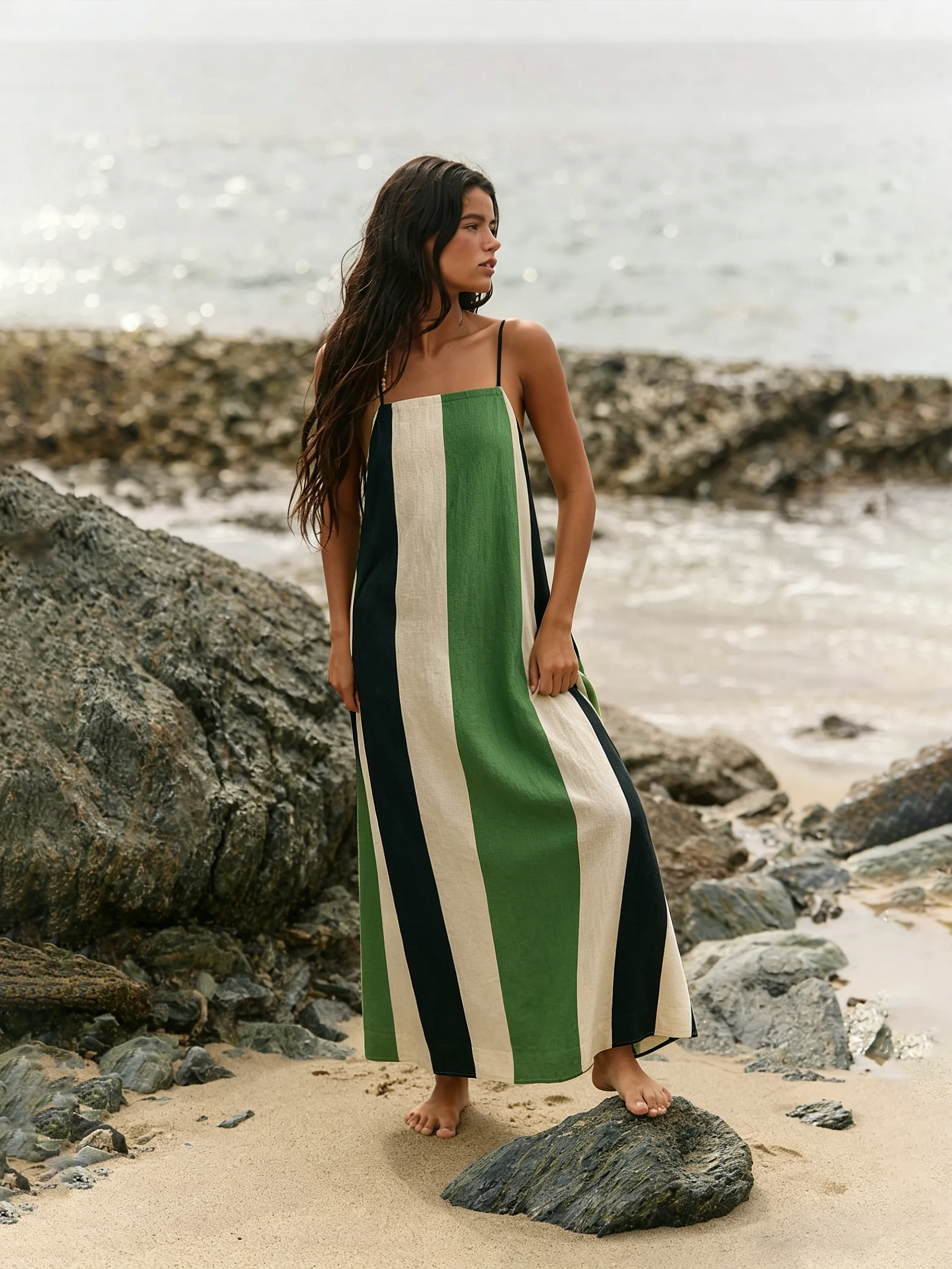 Color Block Stripe Linen-Blend Cami Maxi Dress | Effortless Resort Wear