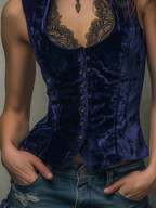 Gothic Style Dark Blue Velvet Lace Patchwork Vest