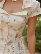 Linen Shirt, Short Sleeves, Shawl Collar, Floral, Button Design, Vintage, Creme light