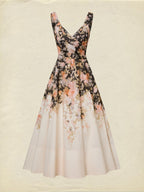 Midi Cotton Dress, Sleeveless, Sweetheart Neck, Floral, Suspenders, Vacation, Vintage, Apricot