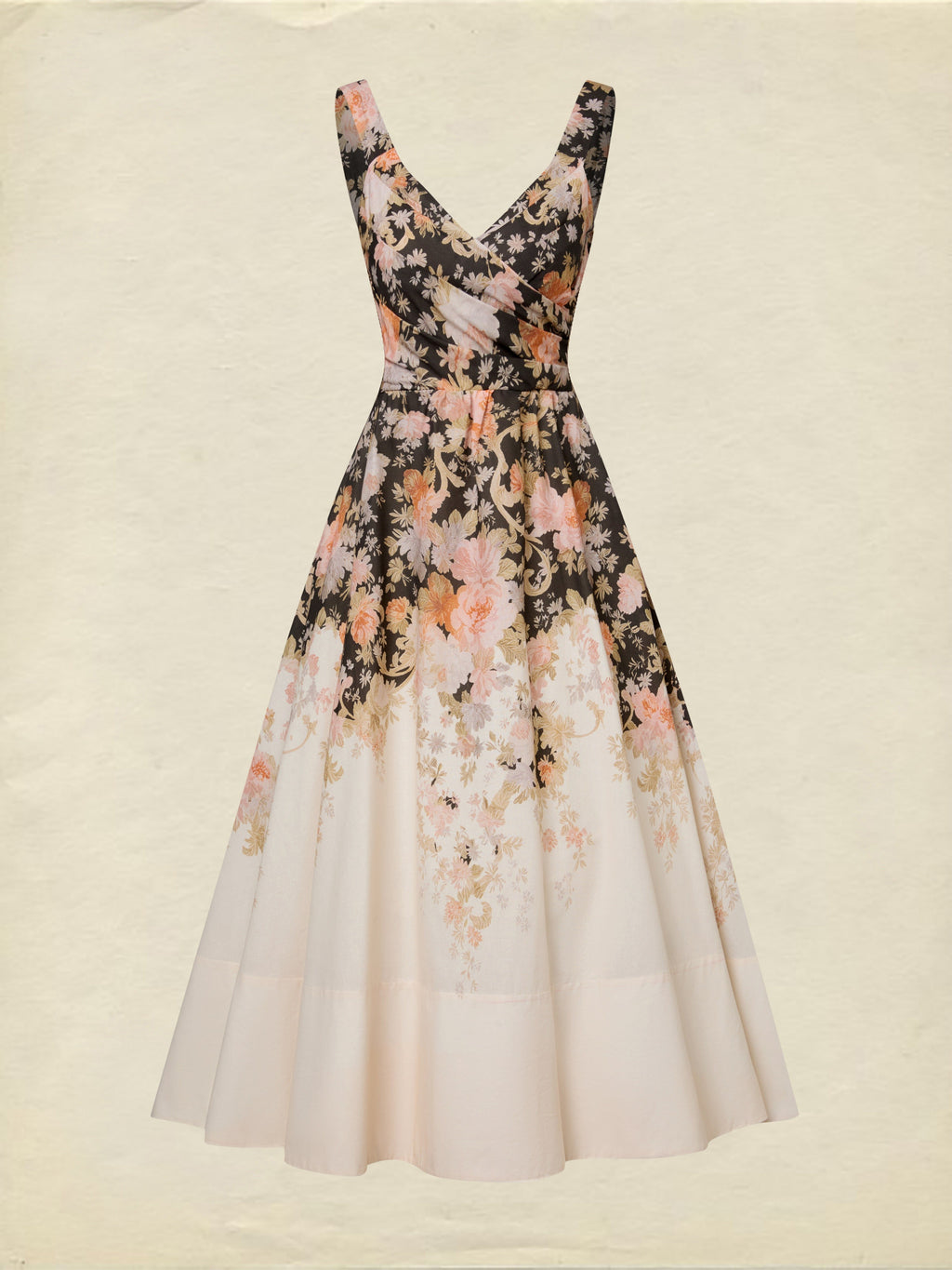 Midi Cotton Dress, Sleeveless, Sweetheart Neck, Floral, Suspenders, Vacation, Vintage, Apricot