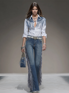 Western Blue Denim Side Tassel Rivet Flared Pants
