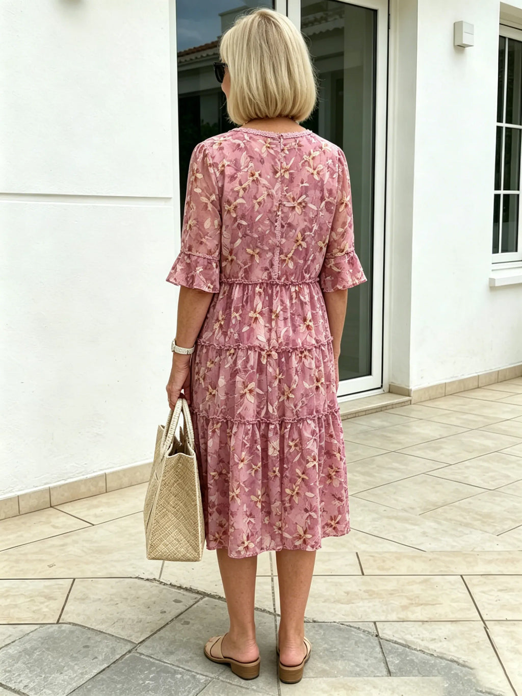 Green Floral Chiffon Tiered Midi Dress, V-Neck Frog Button Ruffle Short Sleeve Loose Casual Dress for Mature Women