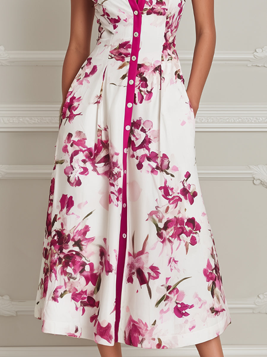 Elegant Floral Shirt Collar Midi Dress