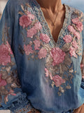Boho Pink Roses Embroidered Denim Blue Tunic