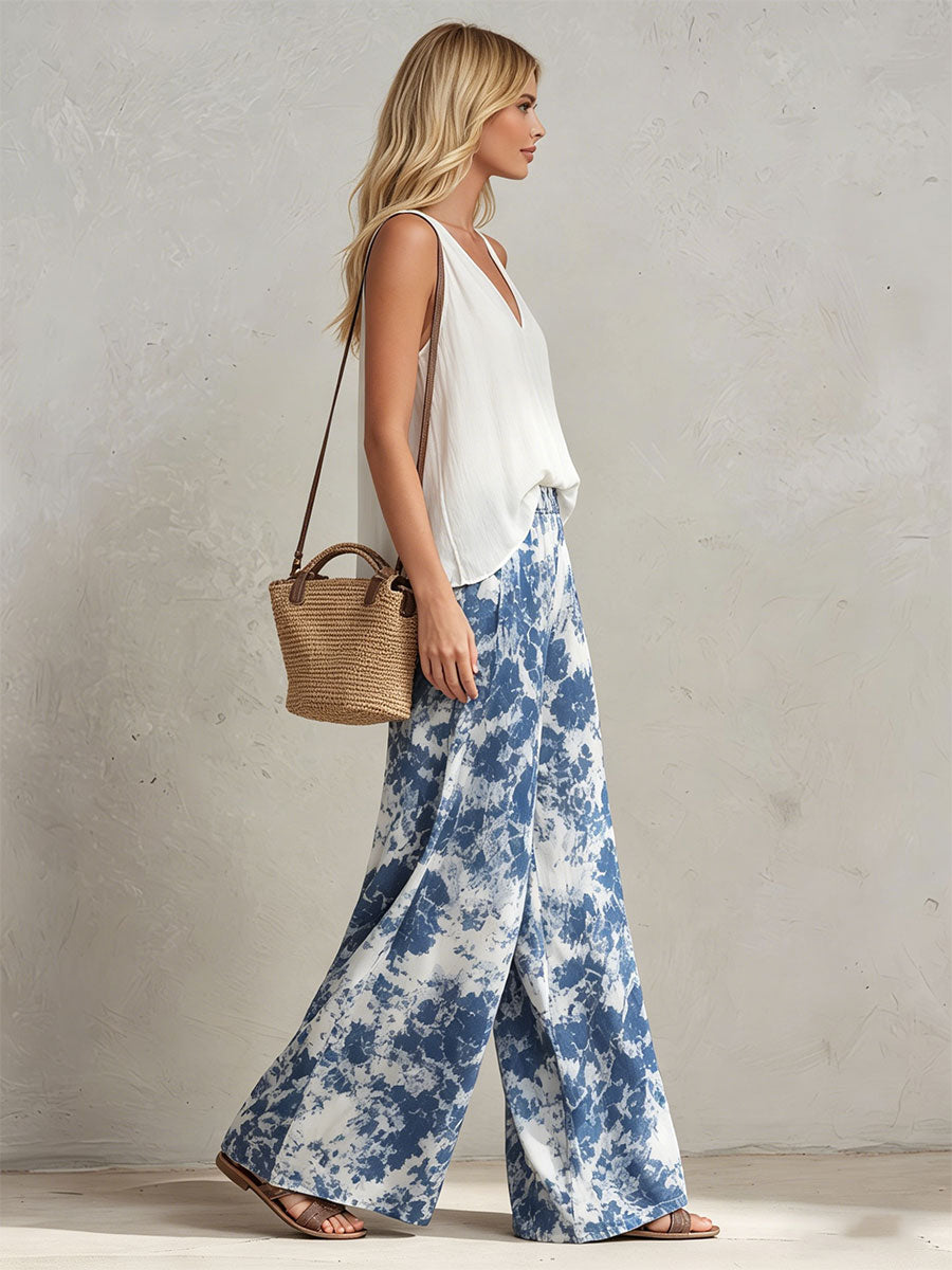 Casual Retro White Chiffon Top And Blue Floral Chiffon Wide-leg Pants Set