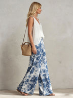 Casual Retro White Chiffon Top And Blue Floral Chiffon Wide-leg Pants Set