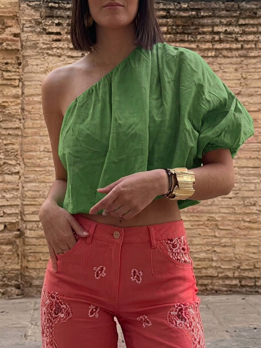 Casual Off-shoulder Linen And Cotton Top