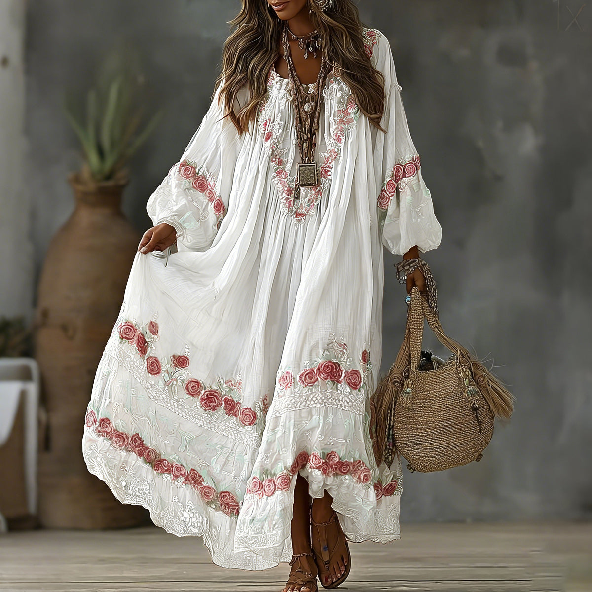 Women's Vintage Floral Art Print Flowy Linen Blend Casual Long Sleeve Maxi Dress