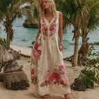 Women Vintage Pink Floral Embroidery Art V Neck Linen Maxi Dress