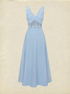 Maxi Cotton Dress, Sleeveless, V Neck, Plain, Lace, French Vintage, Blue