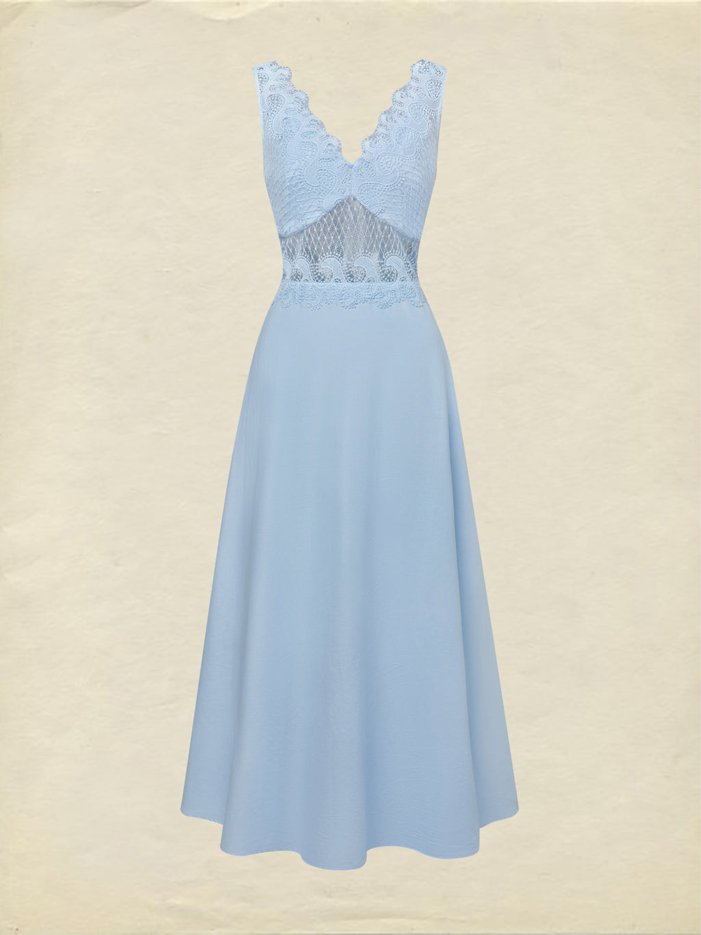 Maxi Cotton Dress, Sleeveless, V Neck, Plain, Lace, French Vintage, Blue