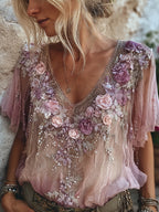 Vintage Purple Rose Embroidered Linen Short Sleeve V-neck Top