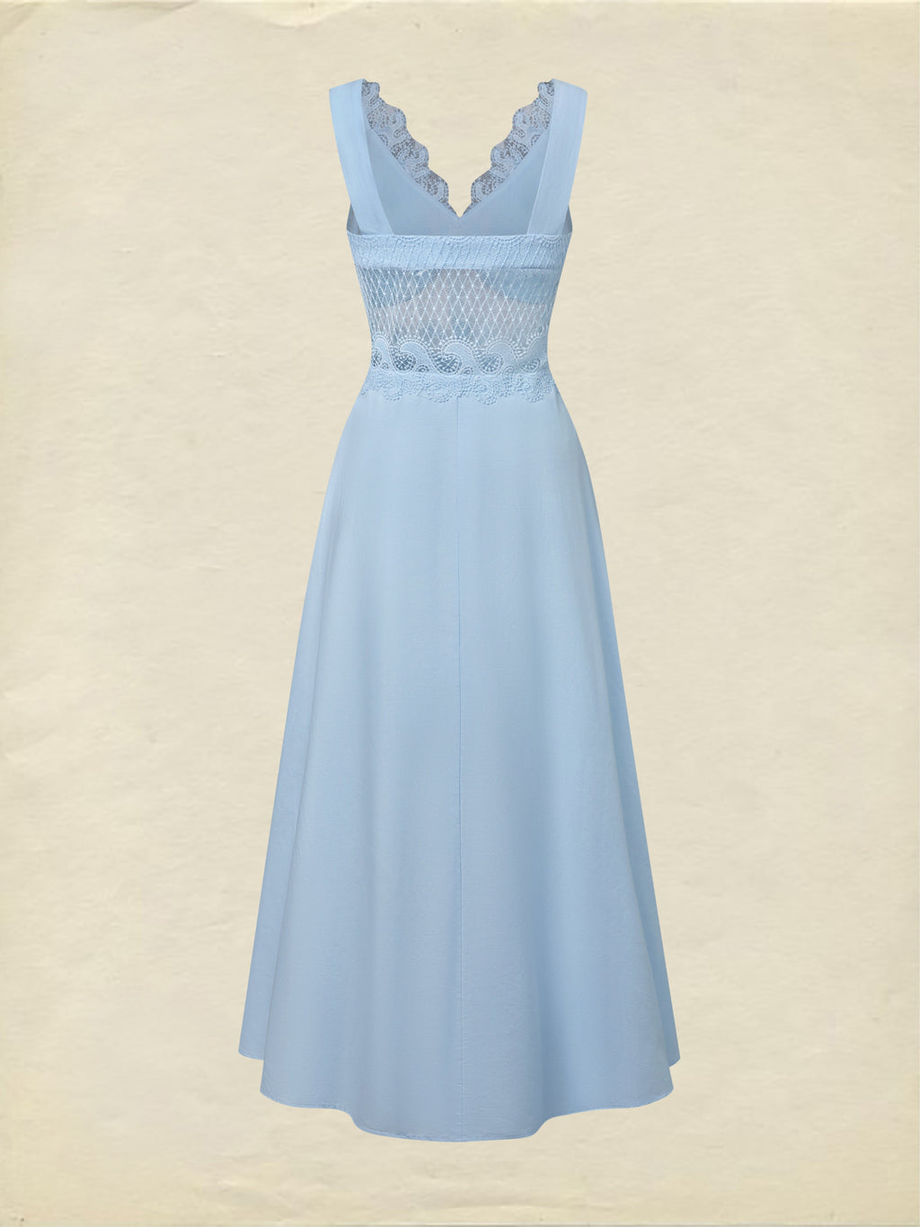Maxi Cotton Dress, Sleeveless, V Neck, Plain, Lace, French Vintage, Blue