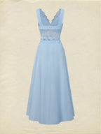 Maxi Cotton Dress, Sleeveless, V Neck, Plain, Lace, French Vintage, Blue