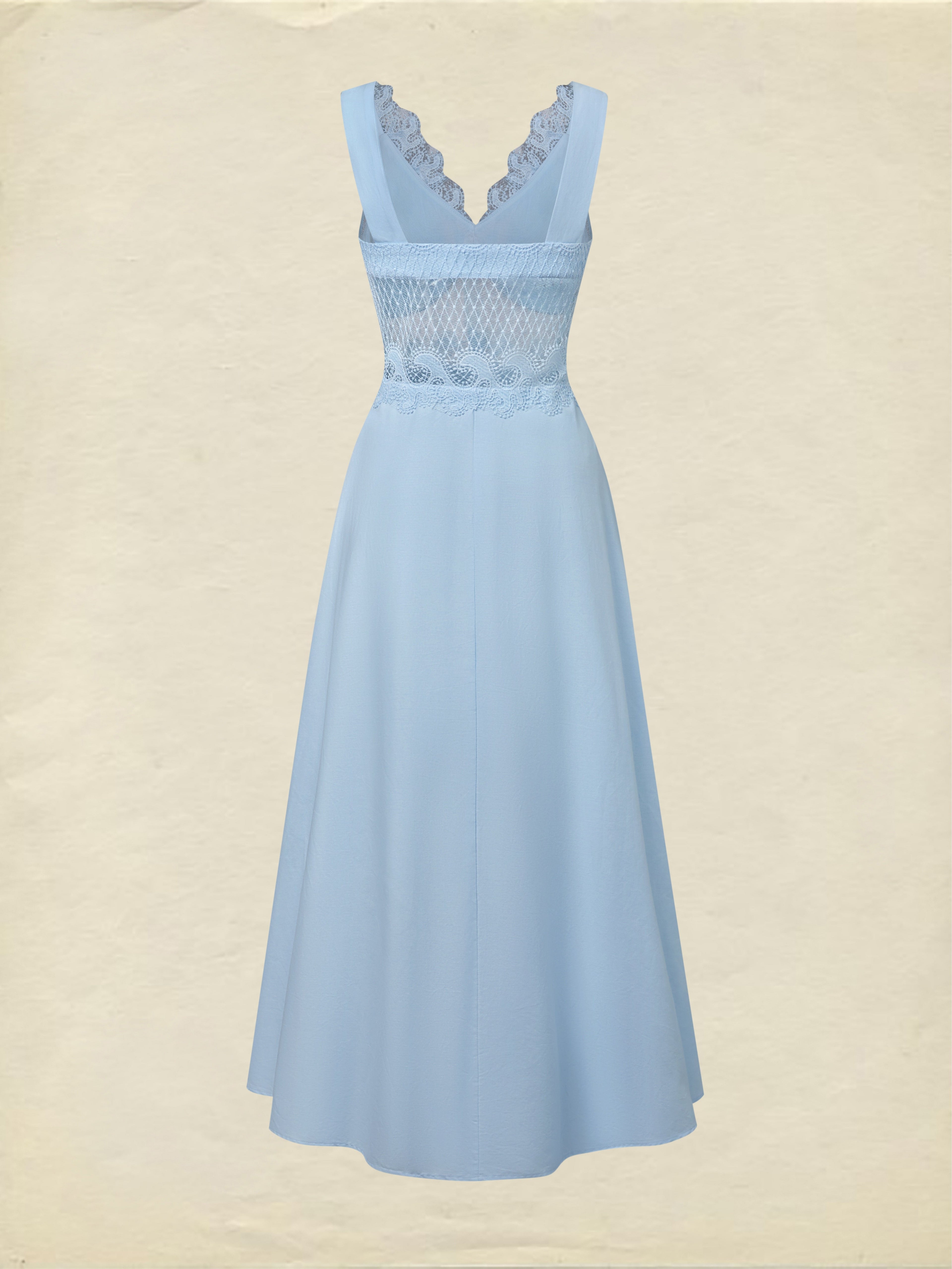 Maxi Cotton Dress, Sleeveless, V Neck, Plain, Lace, French Vintage, Blue