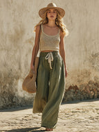 Casual Retro Mesh Knit Vest And Green Cotton Linen Wide-leg Pants Set