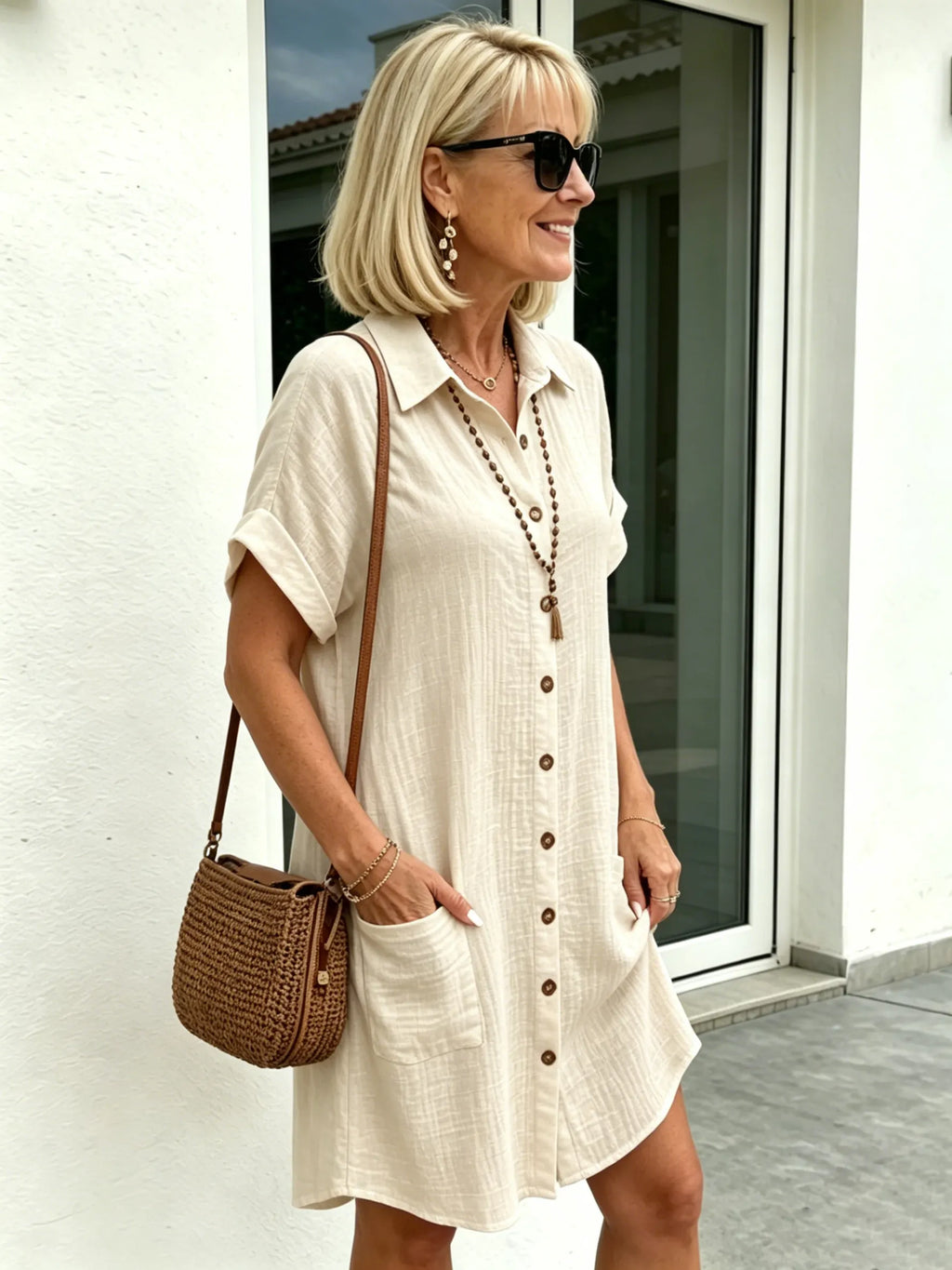 Solid Color Shirt Dress Simple, Made of Breathable, Featuring a Lapel Collar and Orderly Button Arrangement That Adds a Vintage Charm