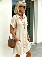 Solid Color Shirt Dress Simple, Made of Breathable, Featuring a Lapel Collar and Orderly Button Arrangement That Adds a Vintage Charm