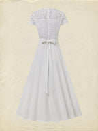 Midi Cotton Dress, Short Sleeves, Plain, Lace, Vacation, Vintage, White