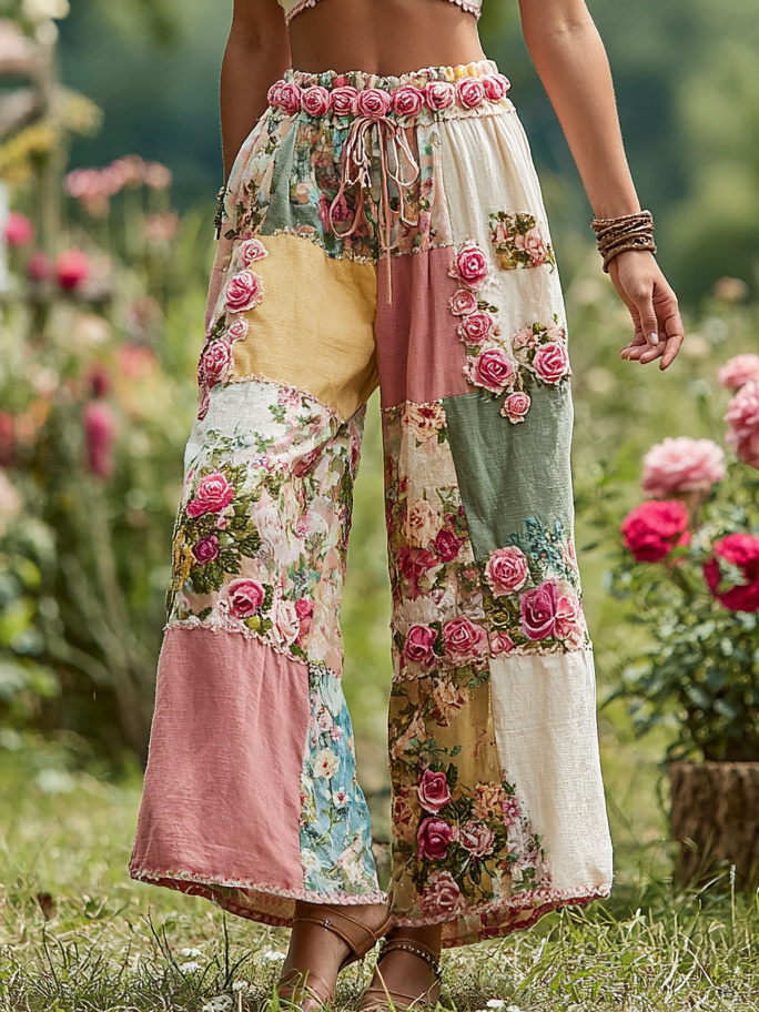 Women's Rose Floral Patchwork Waist Elastic Pocket Pants