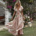 Women's Pink Rose Embroidered Art Short Sleeve Midi Dress