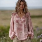 Bohemian Retro Countryside Style Plant Flower Design Cotton And Linen Women's Long-sleeve Shirt