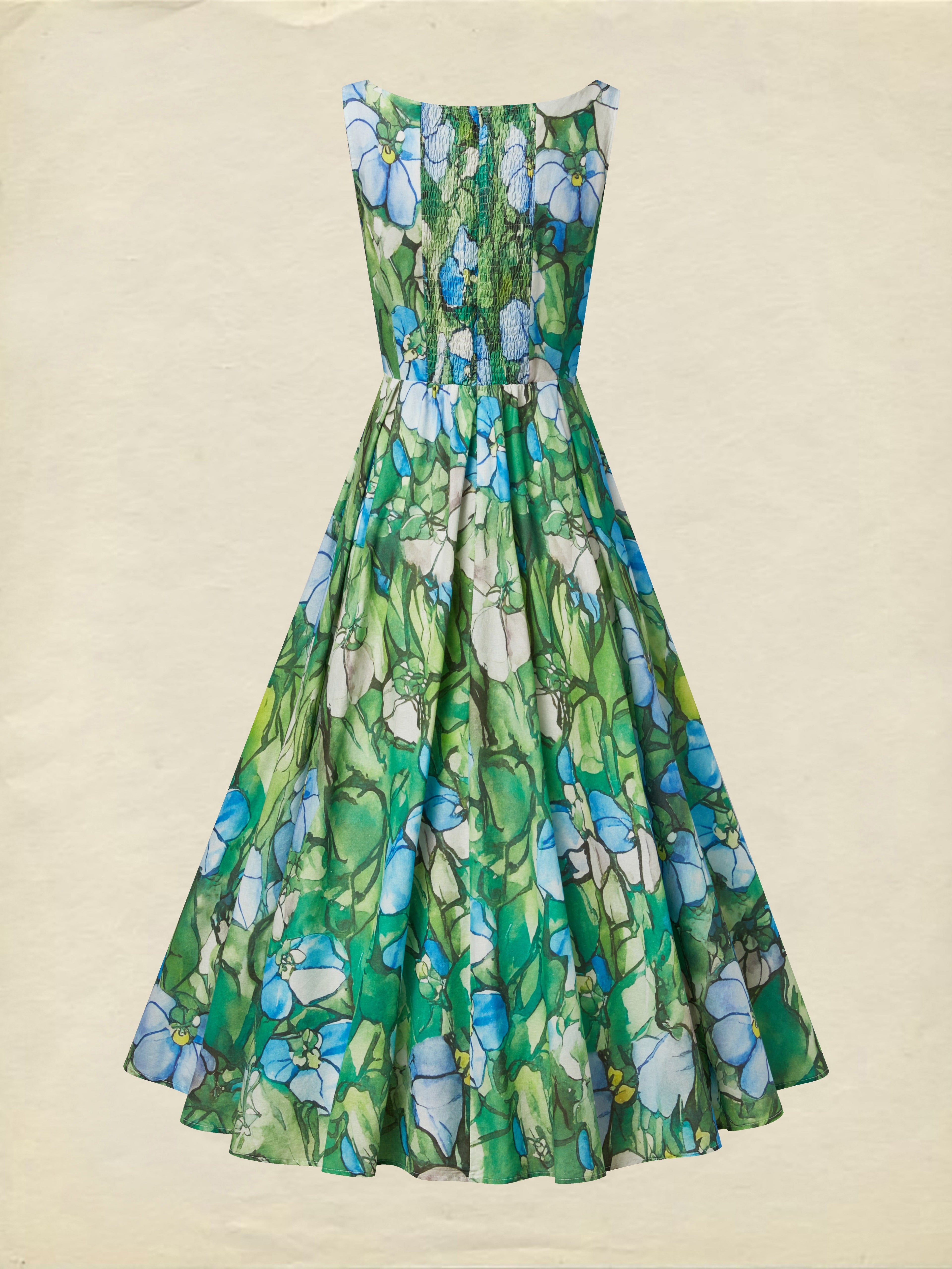 Maxi Linen Dress , Sleeveless, Square Neck, Floral, Church Glass, Vacation, Vintage, Green