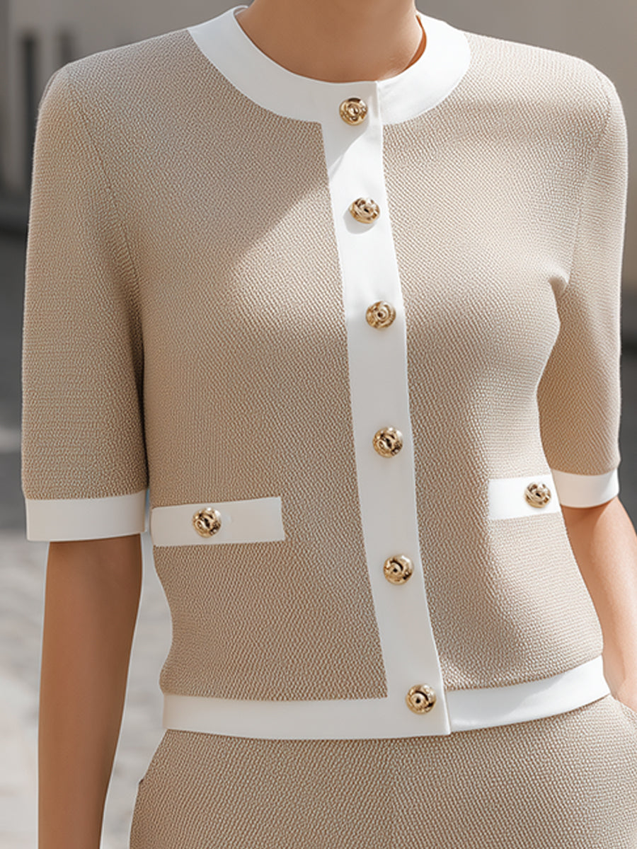 Elegant Contrast Trim Gold Button Two-Piece Short Set