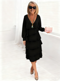 Deep V-Neck Long-sleeved Fashion Cake Skirt Women's Temperament Loose and Thin Round Neck Dress Women